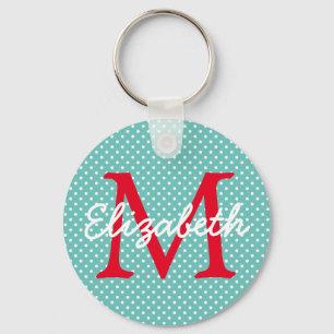 Preppy Teal and Red Polka Dot Monogram Key Ring
