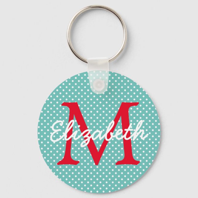 Preppy Teal and Red Polka Dot Monogram Key Ring (Front)