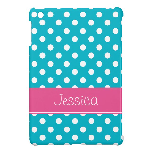 Preppy Teal Blue and Pink Polka Dots Personalised iPad Mini Case (Back)