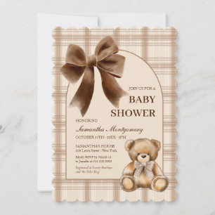 Preppy Teddy Bear Beige Plaid Baby Shower Invite