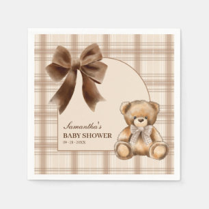 Preppy Teddy Bear Beige Plaid Baby Shower Napkins