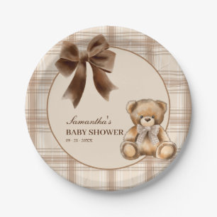 Preppy Teddy Bear Beige Plaid Baby Shower   Paper Plate