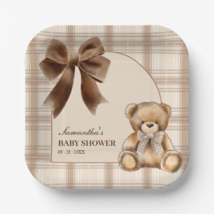 Preppy Teddy Bear Beige Plaid Baby Shower Paper Plate