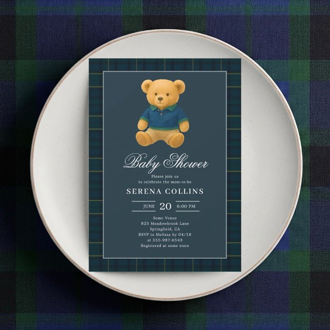 Preppy Teddy Bear Blue Baby Shower Invitation (Creator Uploaded)