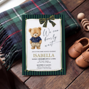 Preppy Teddy Bear Blue Green Baby Shower  Invitation