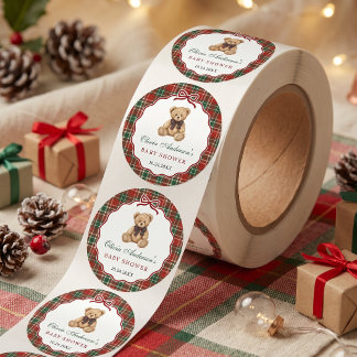 Preppy Teddy Bear Christmas Baby Shower Classic Round Sticker