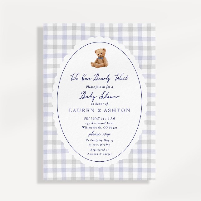 Preppy Teddy Bear Gingham Baby Shower Invitation (Creator Uploaded)