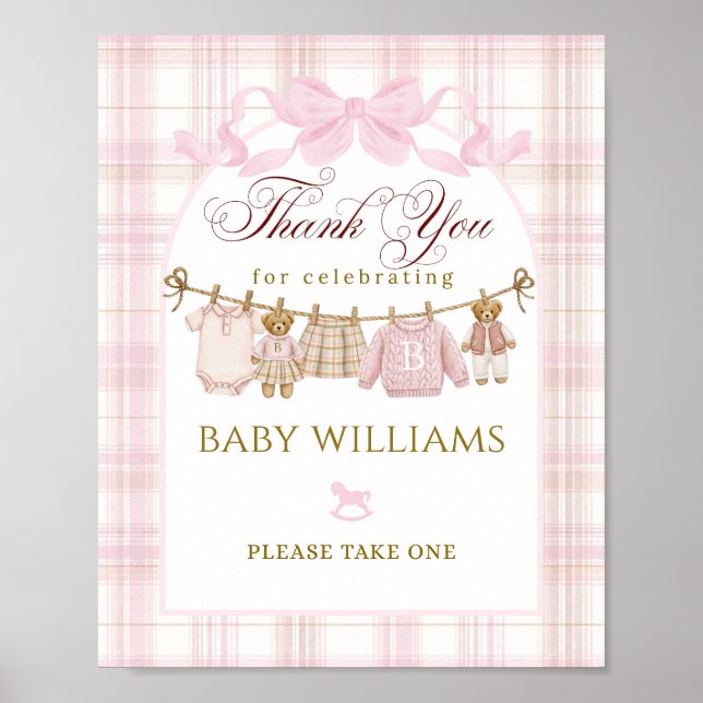 Preppy Teddy Bear Girl Baby Shower Plaid Bow Favor Poster (Front)