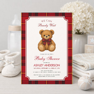 Preppy Teddy Bear Girl Baby Shower Red Black Plaid Invitation