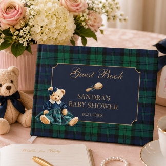 Preppy Teddy Bear Girl Plaid Baby Shower Guest Book