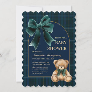 Preppy Teddy Bear Green Plaid Baby Shower Invite