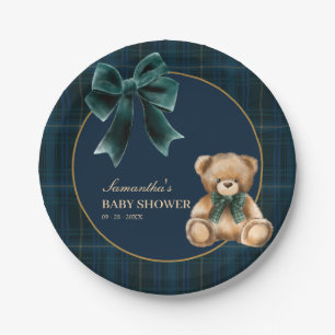 Preppy Teddy Bear Green Plaid Baby Shower Paper Plate