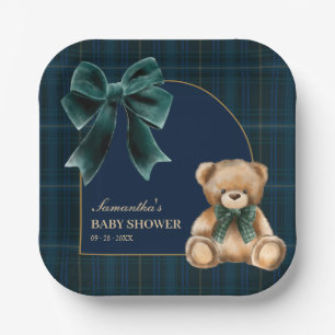 Preppy Teddy Bear Green Plaid Baby Shower Paper Plate