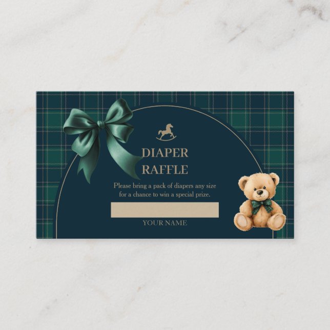 Preppy Teddy Bear Green Plaid Diaper Raffle Insert (Front)