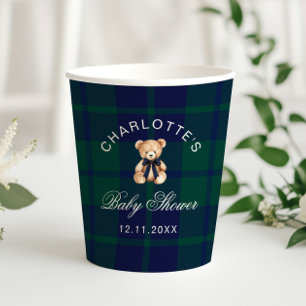 Preppy Teddy bear Luxury Plaid Baby Shower Paper Cups