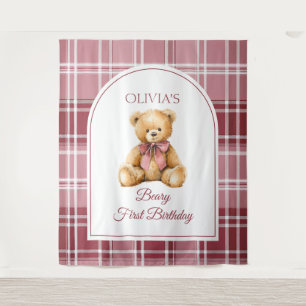 Preppy Teddy Bear Pink Bow Birthday Photo Backdrop Tapestry