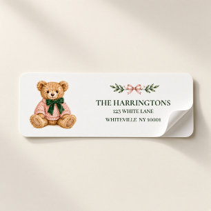 Preppy Teddy Bear Pink Green Christmas Return Address Label