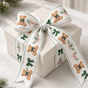 Preppy Teddy Bear Pink Green Christmas Satin Ribbon