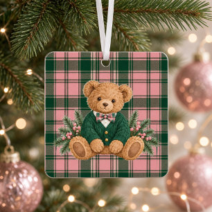 Preppy Teddy Bear Pink Green Plaid Christmas Photo Metal Tree Decoration