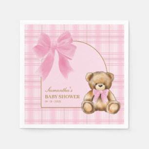Preppy Teddy Bear Pink Plaid Baby Shower Napkins