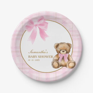 Preppy Teddy Bear Pink Plaid Baby Shower Paper Plate