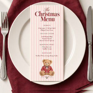 Preppy Teddy Bear Pink Stripe Christmas Dinner Menu