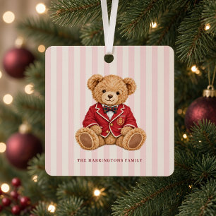 Preppy Teddy Bear Pink Stripe Christmas Metal Tree Decoration