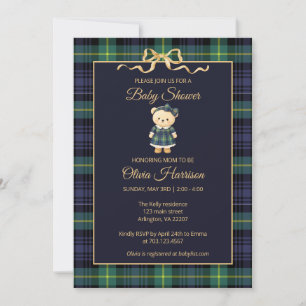 Preppy Teddy Bear Plaid Baby Shower Invitation