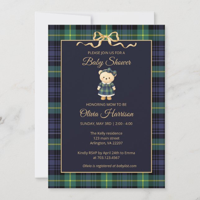 Preppy Teddy Bear Plaid Baby Shower Invitation (Front)