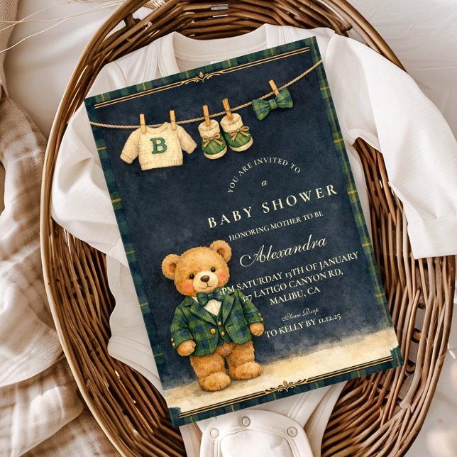 Preppy Teddy Bear Plaid Baby Shower Invitation (Creator Uploaded)