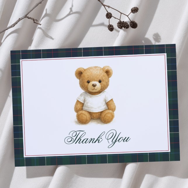 Preppy Teddy Bear Plaid Baby Shower  Thank You Card (Creator Uploaded)