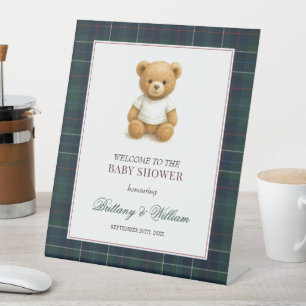 Preppy Teddy Bear Plaid Baby Shower Welcome Pedestal Sign