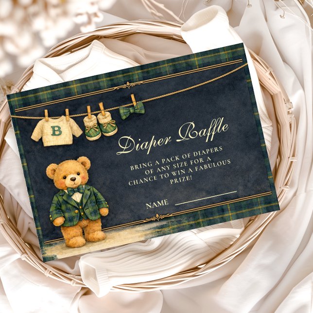 Preppy Teddy Bear Plaid Diapper Raffle Enclosure Card (Creator Uploaded)