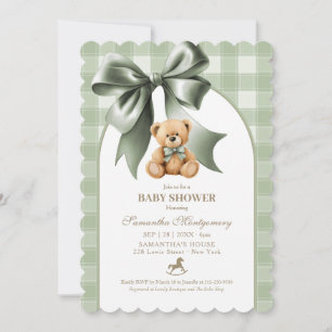Preppy Teddy Bear Sage Green Plaid Baby Shower Invitation
