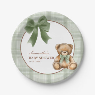 Preppy Teddy Bear Sage Plaid Baby Shower Paper Plate