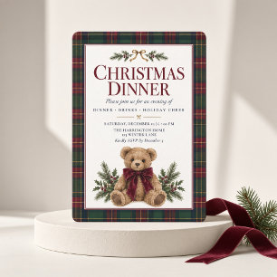 Preppy Teddy Bear Tartan Plaid Christmas Dinner  Invitation