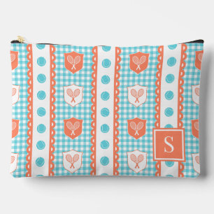 Preppy Tennis Crest Gingham - Coral & Turquoise Accessory Pouch
