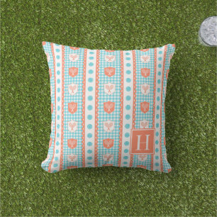 Preppy Tennis Crest Gingham - Coral & Turquoise Cushion