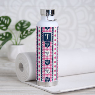 Preppy Tennis Crest Gingham - Hot Pink & Navy Water Bottle