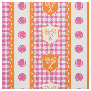 Preppy Tennis Crest Gingham - Hot Pink & Orange Fabric