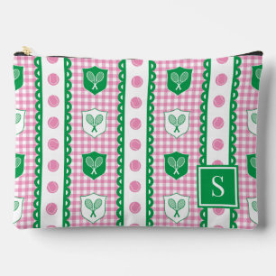 Preppy Tennis Crest Gingham - Pink & Green Accessory Pouch