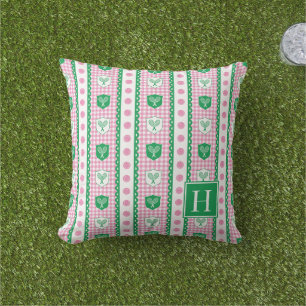 Preppy Tennis Crest Gingham - Pink & Green Cushion