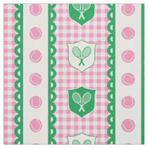 Preppy Tennis Crest Gingham - Pink & Green Fabric