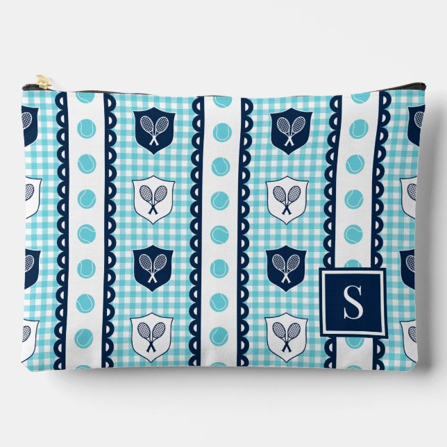 Preppy Tennis Crest Gingham - Turquoise & Navy Accessory Pouch (Front)