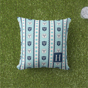 Preppy Tennis Crest Gingham - Turquoise & Navy Cushion