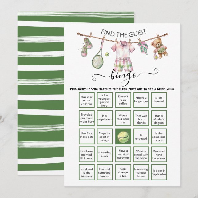 Preppy Tennis Find the Guest BINGO  Invitation (Front/Back)