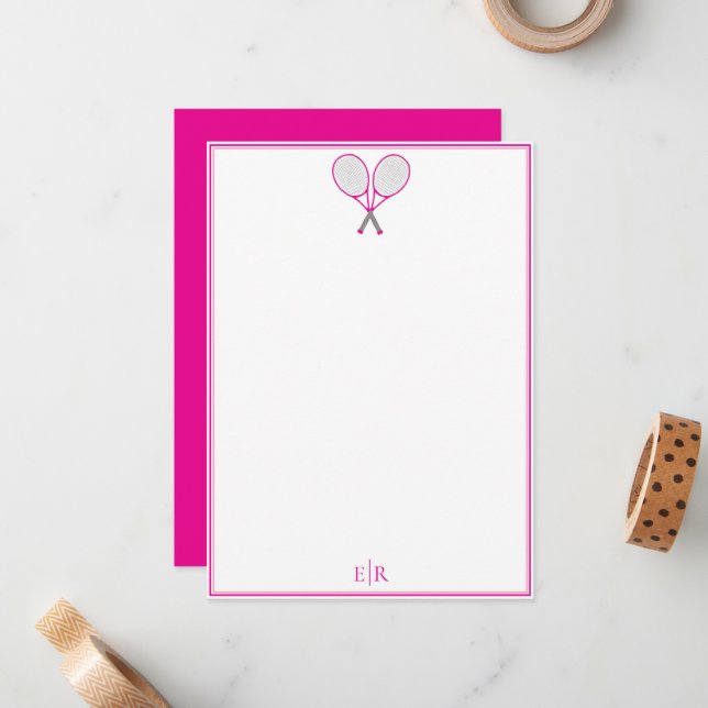   Preppy Tennis Pink Monogram Flat Note Card (Front/Back In Situ)