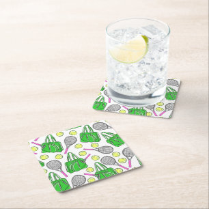 Preppy Tennis Racquet Bag Balls Square Paper Coaster