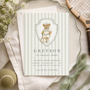 Preppy Tennis Teddy Bear Birthday Invitation