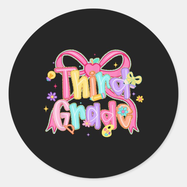 Preppy Third Grade Back To School Coquette Bow Tea Classic Round Sticker (Front)